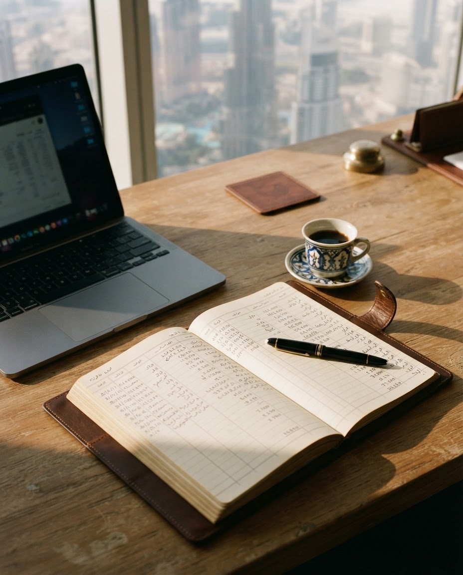 A ledger, laptop and coffee on a wooden desk overlooking Dubai.
